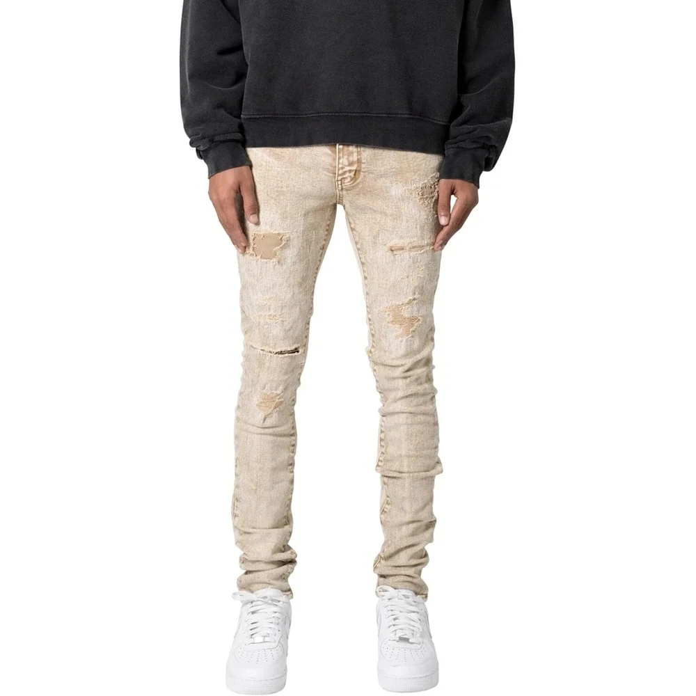 MNML X369 Stretch Skinny Denim Tinted Khaki Distressed Men Jeans 33 Inseam - Picture 1 of 7